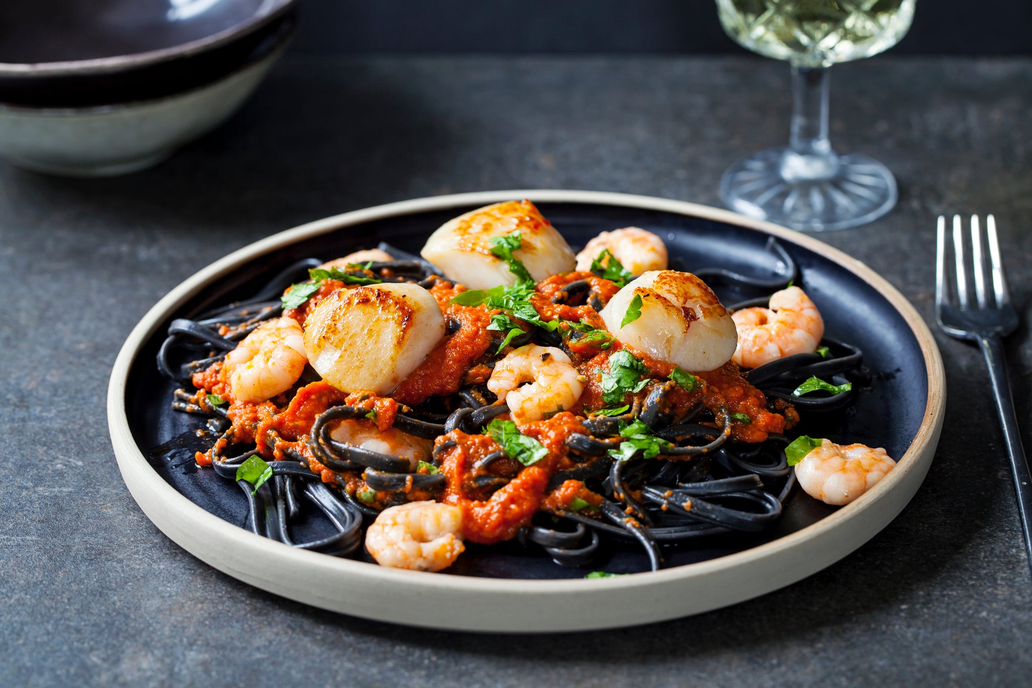 Squid Ink Pasta With Scallops