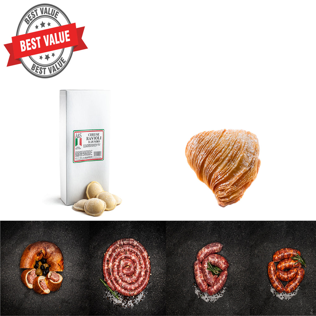 Battimelli's Favorites Sampler with Italian Sfogliatelle, Cheese Ravioli, Prosciutto Bread, and an assortment of Sausage